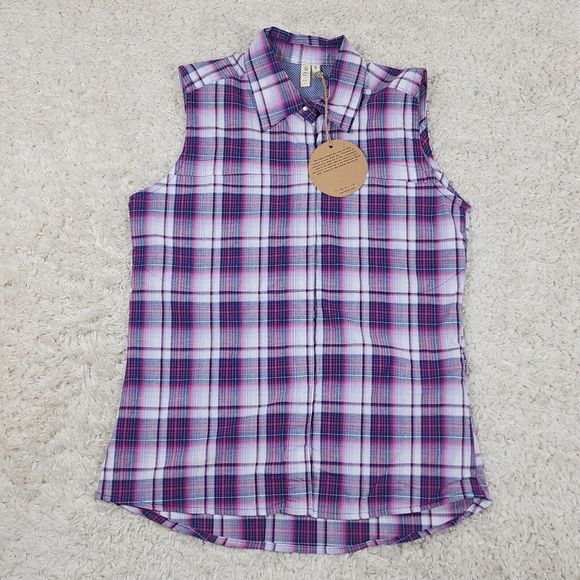 Dakini Plaid Boyfriend Shirt Womens Small Purple Stretch Hidden Pocket Vented - Picture 1 of 9